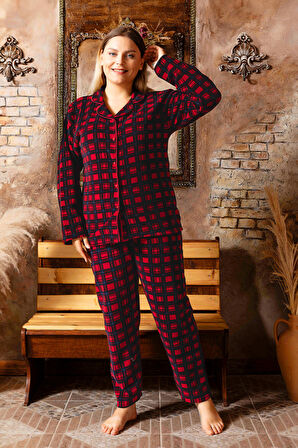 Nisanca Büyük Beden Kışlık Düğmeli Gömlek Pijama Takımı