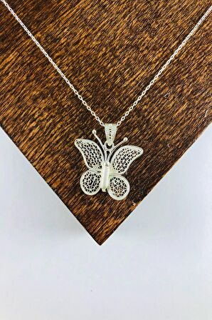El Işi Kelebek Motifli Telkari Kolye