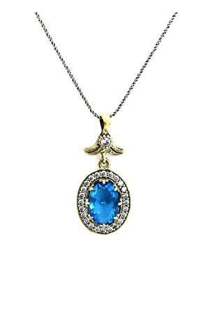 Oval Motifli Akuamarin Taşlı Otantik Kolye