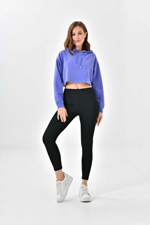 Kadın Crop Sweatshirt Oversize Uzun Kollu Balon Kol Kapuşonlu