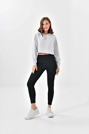 Kadın Crop Sweatshirt Oversize Uzun Kollu Balon Kol Kapuşonlu