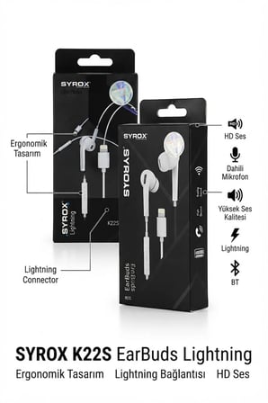 K22S Lightning Kulak İçi Kulaklık, Ergonomik Tasarım, HD Ses ve Dahili Mikrofon - Beyaz