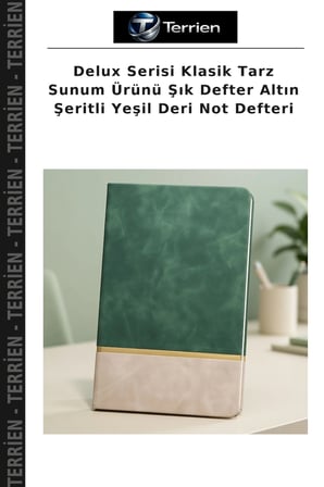 Delux Serisi Klasik Tarz Sunum Ürünü Şık Defter Altın Şeritli Yeşil Deri Not Defteri