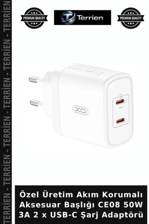 Özel Üretim Akım Korumalı Aksesuar Başlığı CE08 50W 3A 2 x USB-C Şarj Adaptörü
