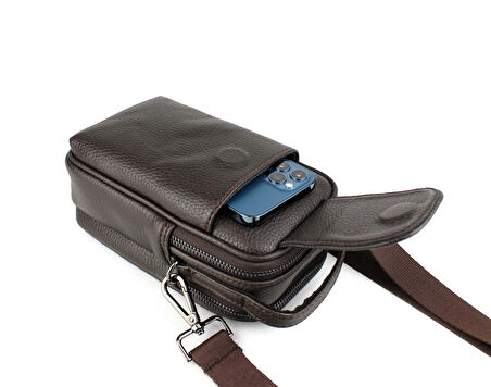 Erkek Kahverengi Kapaklı Çok Bölmeli El ve Omuz Çantası