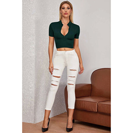 MARSiLYAN- Kadın Yeşil Yarım Fermuarlı ve Kısa Kollu Crop Top Bluz