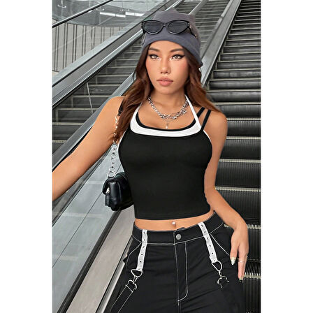 MARSiLYAN- Kadın Beyaz Siyah Çift Renk Çapraz Askılı Crop Top Bluz