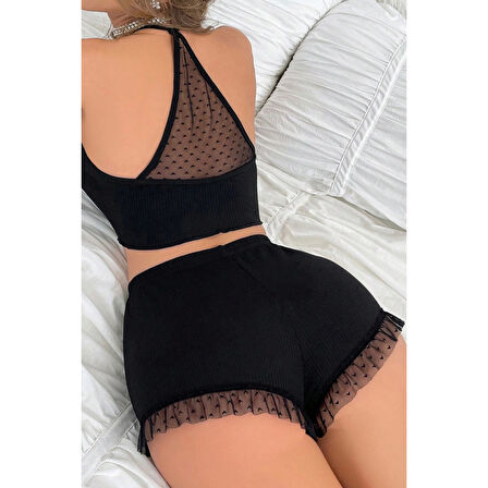 MARSiLYAN-  Kadın Siyah Kaşkorse Sırt ve Bacak Kısmı Puantiyeli Şortlu Gecelik Takım