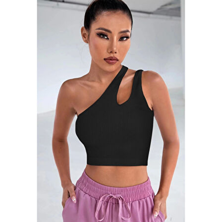 MARSiLYAN- Kadın Siyah Tek Omuz Cut Out Detaylı Crop Top Bluz