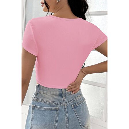 MARSiLYAN- Kadın Pembe Yarım Kol Düz Yaka Crop Top Bluz