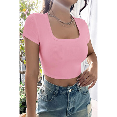 MARSiLYAN- Kadın Pembe Yarım Kol Düz Yaka Crop Top Bluz