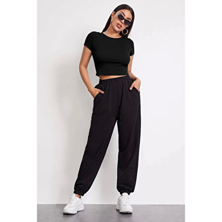 MARSiLYAN- Kadın Siyah Yuvarlak Yaka Yarım Kol Crop Top Bluz