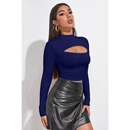 MARSiLYAN- Kadın Lacivert Göğüs Dekolteli Uzun Kollu Cut Out Crop Top Bluz