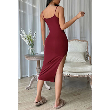 MARSiLYAN- Kadın Bordo Yırtmaçlı Diz Altı Vücüdu Saran Gecelik