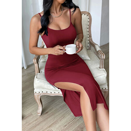 MARSiLYAN- Kadın Bordo Yırtmaçlı Diz Altı Vücüdu Saran Gecelik