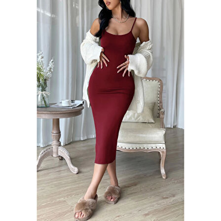 MARSiLYAN- Kadın Bordo Yırtmaçlı Diz Altı Vücüdu Saran Gecelik