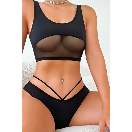 MARSiLYAN- Kadın Siyah Çapraz Ip Detaylı Şık Bikini Takımı