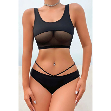 MARSiLYAN- Kadın Siyah Çapraz Ip Detaylı Şık Bikini Takımı
