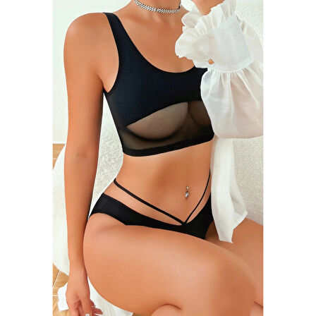 MARSiLYAN- Kadın Siyah Çapraz Ip Detaylı Şık Bikini Takımı