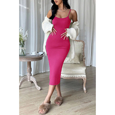 MARSiLYAN- Kadın Fuşya Yırtmaçlı Diz Altı Vücüdu Saran Gecelik