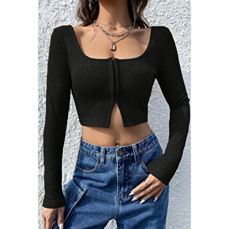 MARSiLYAN- Kadın Siyah Uzun Kollu Agraflı Göğüs ve Göbek Dekolteli Crop Top Bluz