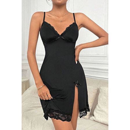 MARSiLYAN- Kadın Siyah Dantelli Fiyonklu ve Yırtmaçlı Şık Gecelik