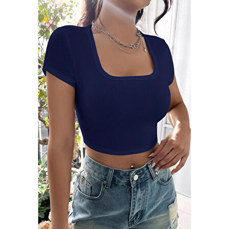 MARSiLYAN- Kadın Lacivert Yarım Kol Düz Yaka Crop Top Bluz