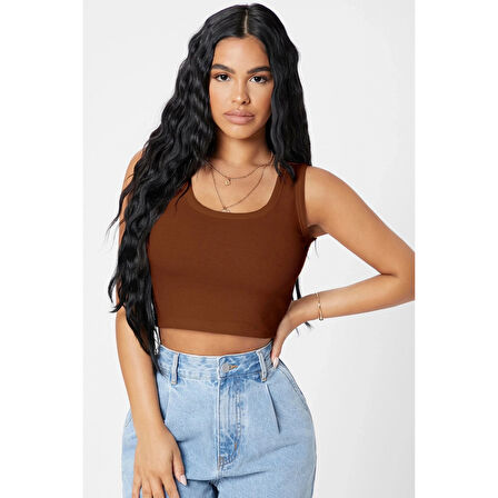 MARSiLYAN- Kadın Kahverengi Kare Yaka Crop Top Bluz