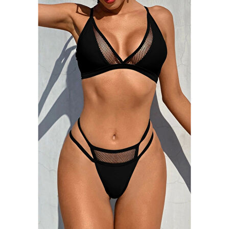 MARSiLYAN- Kadın Siyah File Detaylı Özel Bikini Takımı