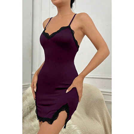 MARSiLYAN- Kadın Mor Göğsü ve Bacakları Dantelli Yırtmaçlı Şık Gecelik