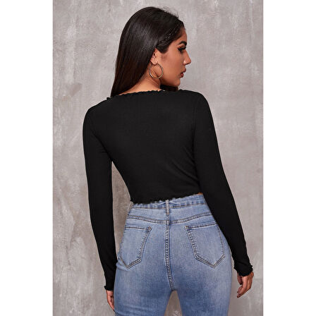 MARSiLYAN- Kadın Siyah Uzun Kollu Büzdürme Bağcık Detaylı Crop Top Bluz