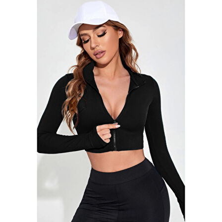 MARSiLYAN- Kadın Siyah Uzun Kol Fermuarlı Parmak Geçme Detaylı Dik Yaka Crop Top Bluz