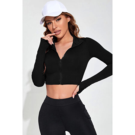 MARSiLYAN- Kadın Siyah Uzun Kol Fermuarlı Parmak Geçme Detaylı Dik Yaka Crop Top Bluz