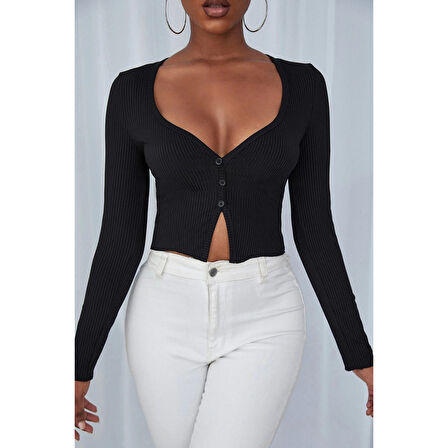 MARSiLYAN- Kadın Siyah Uzun Kollu Düğmeli Göğüs ve Göbek Dekolteli Crop Top Bluz