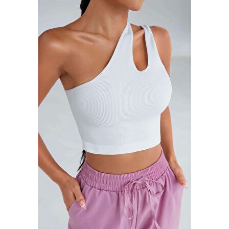 MARSiLYAN- Kadın Beyaz Tek Omuz Cut Out Detaylı Crop Top Bluz