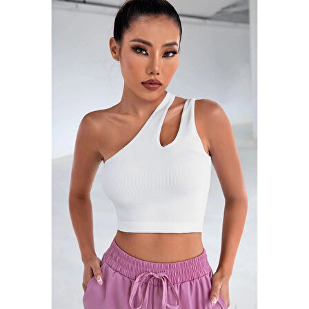 MARSiLYAN- Kadın Beyaz Tek Omuz Cut Out Detaylı Crop Top Bluz