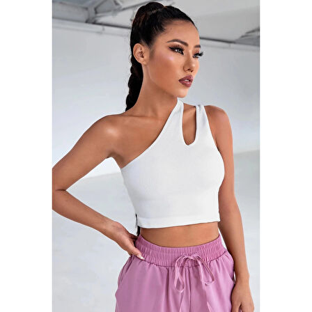 MARSiLYAN- Kadın Beyaz Tek Omuz Cut Out Detaylı Crop Top Bluz
