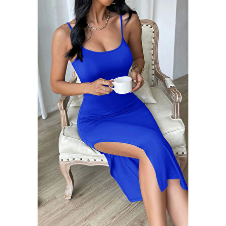 MARSiLYAN- Kadın Mavi Yırtmaçlı Diz Altı Vücüdu Saran Gecelik