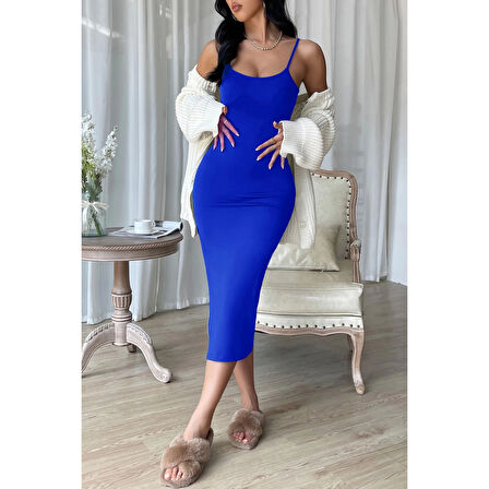 MARSiLYAN- Kadın Mavi Yırtmaçlı Diz Altı Vücüdu Saran Gecelik