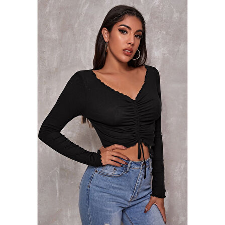 MARSiLYAN- Kadın Siyah Uzun Kollu Büzdürme Bağcık Detaylı Crop Top Bluz