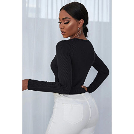 MARSiLYAN- Kadın Siyah Uzun Kollu Düğmeli Göğüs ve Göbek Dekolteli Crop Top Bluz
