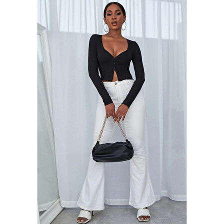 MARSiLYAN- Kadın Siyah Uzun Kollu Düğmeli Göğüs ve Göbek Dekolteli Crop Top Bluz
