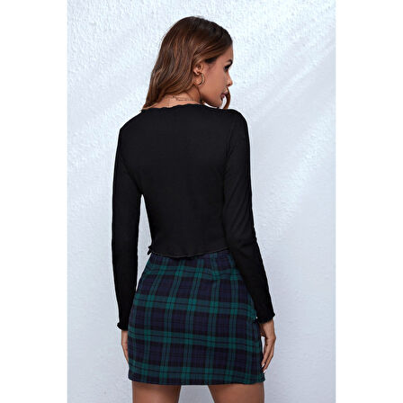 MARSiLYAN- Kadın Siyah Uzun Kollu Önden Bağlama Detaylı Crop Top Bluz