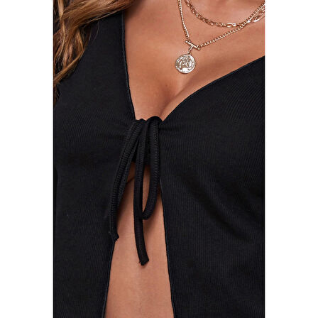 MARSiLYAN- Kadın Siyah Uzun Kollu Önden Bağlama Detaylı Crop Top Bluz
