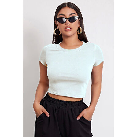 MARSiLYAN- Kadın Beyaz Yuvarlak Yaka Yarım Kol Crop Top Bluz