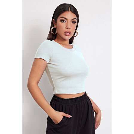 MARSiLYAN- Kadın Beyaz Yuvarlak Yaka Yarım Kol Crop Top Bluz