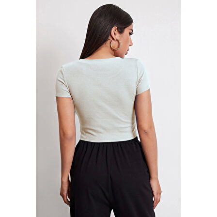 MARSiLYAN- Kadın Beyaz Yuvarlak Yaka Yarım Kol Crop Top Bluz