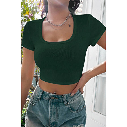 MARSiLYAN- Kadın Yeşil Yarım Kol Düz Yaka Crop Top Bluz