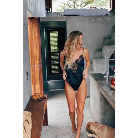 MARSiLYAN- Kadın Siyah Saten Dantel Işlemli Tulum Gecelik