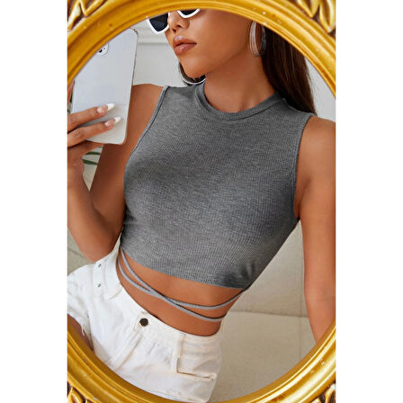 MARSiLYAN- Kadın Gri Çapraz Bağlamalı Crop Top Büstiyer